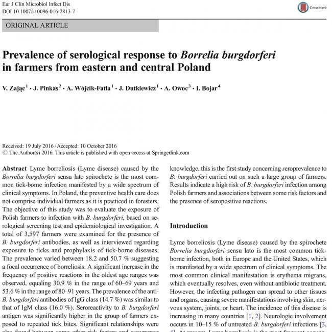 Etude de la réponse sérologique à Borrelia Burgdorferi chez des agriculteurs du centre et de l’est de la Pologne